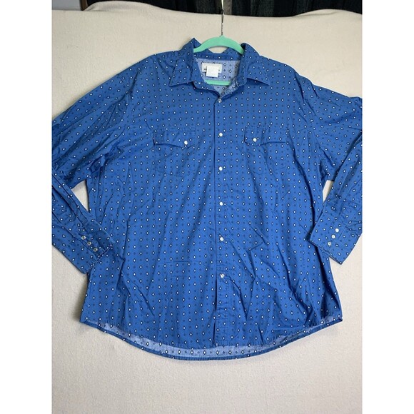 Wrangler Shirt Men 2XL Blue Diamond Geometric Pearl Snap Wrancher Cowboy Ranch - Picture 1 of 6